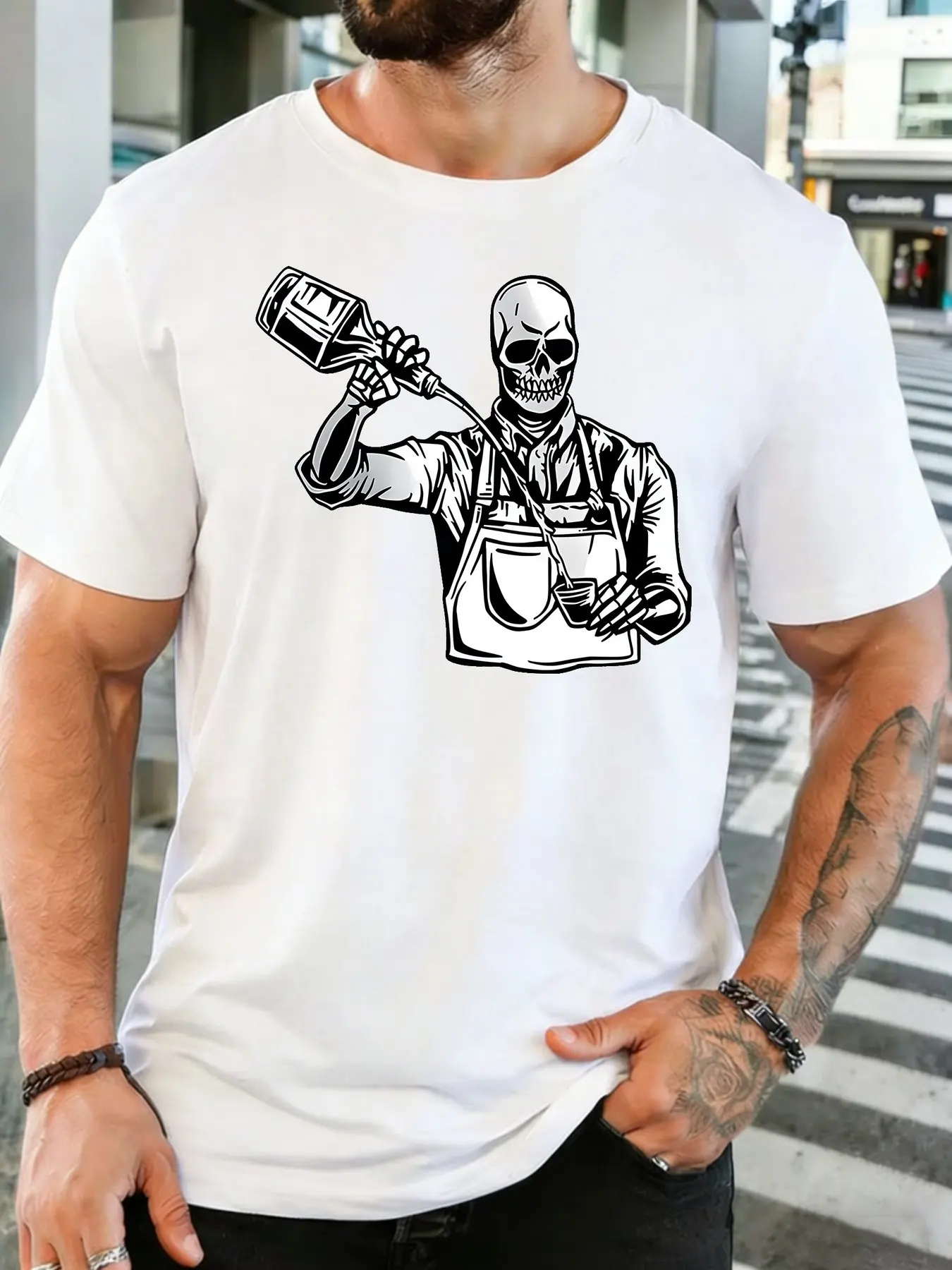 Vintage Skull Barista Pour Coffee Graphic Mens Soft Cotton Short Sleeve Tshirt Loose Cafe Worker Casual Daily Streetwear Tee
