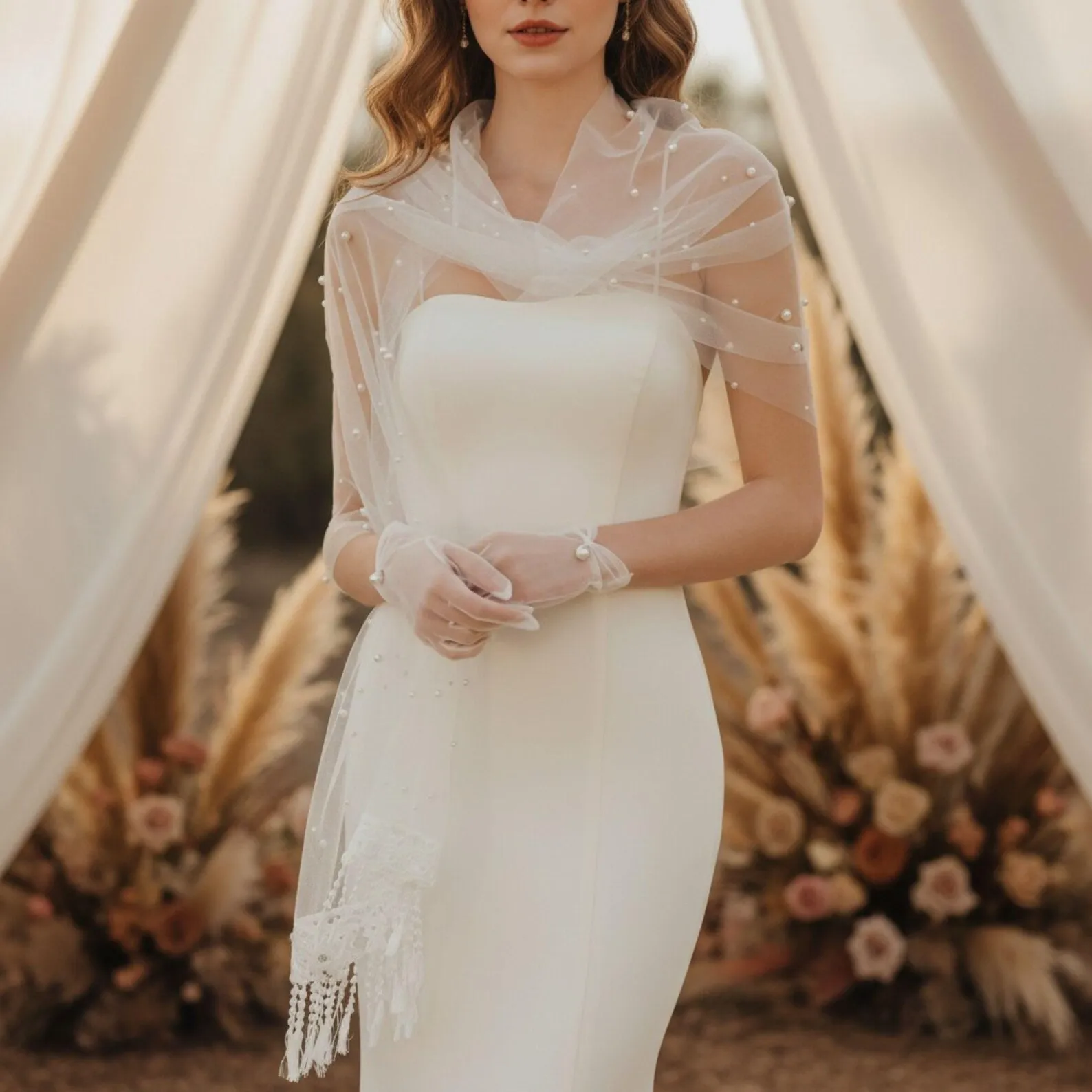 Long Bridal Shawl Cape Wrap for Women Wedding Evening Dress Cover Up with Beaded Pearl Tulle Accessory for Bride
