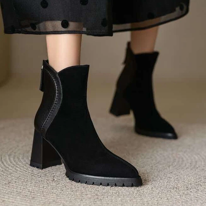 Women Pointed Toe High Heels Ankle Boots Back Zipper Suede Leather Shoes 2026 Winter Woman Boots Thick Sole Elegant Short Boots