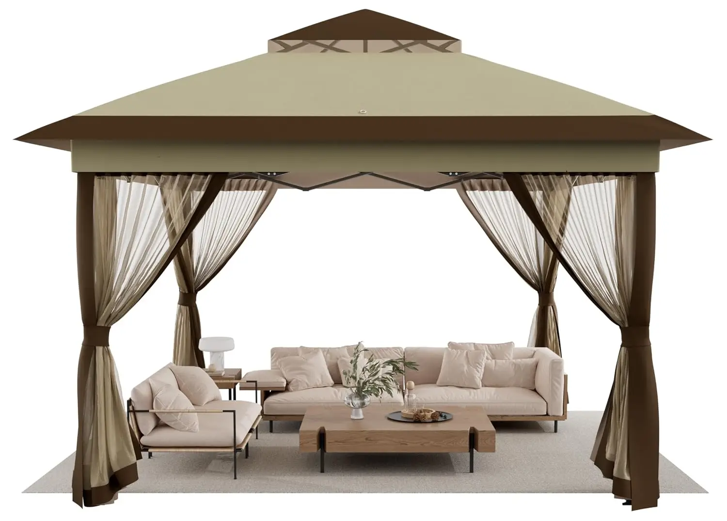 12x12 Pop Up Gazebo Canopy Tent with Mesh Netting, Beige & Coffee, Customized