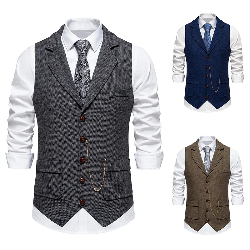 

2024 New Men's Fashion Herringbone Tweed Suit-neck Vest Casual Vintage Lapel Horse Chain Mail Shirt