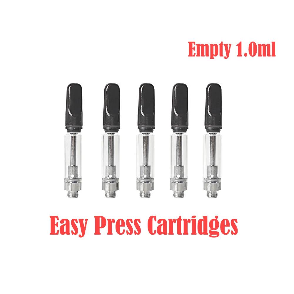 

30-50pcs Black Easy Press Cartridges Empty 1.0ml Glass Tank 510 Thread Ceramic Coil Snap-on Locking System Carts For Thick oil