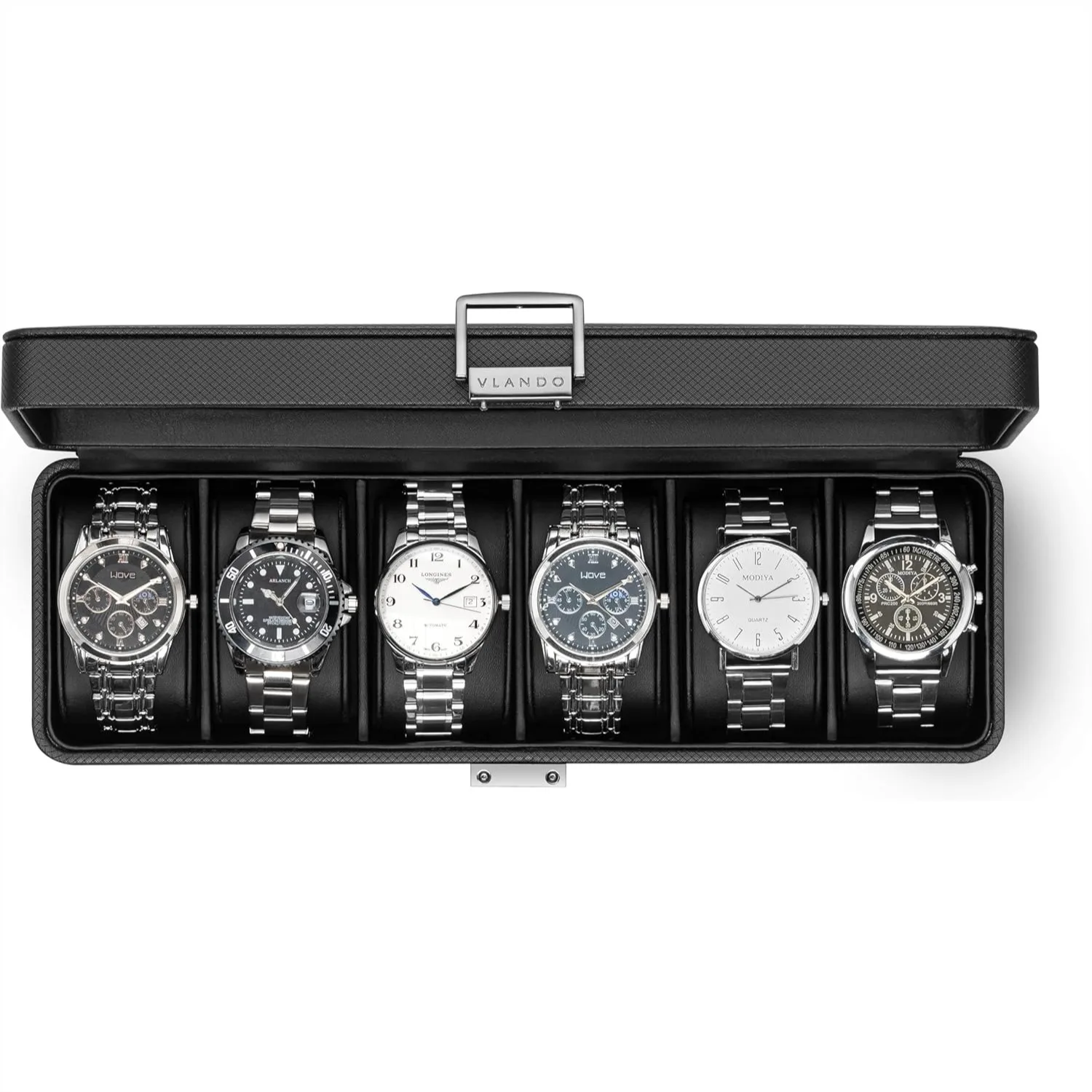 

6-Slot Watch Case with Glass Lid for Men, Lockable Watch Box with Soft Pillow, Black