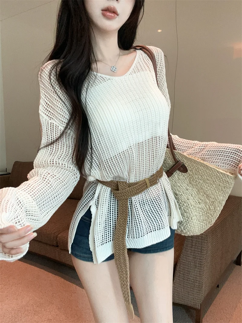

Spring Summer New Style Spicy Girl Lazy Style Long Sleeve Hollow out Knitted Cover up Tank Top Holiday Fashion Two Piece Set