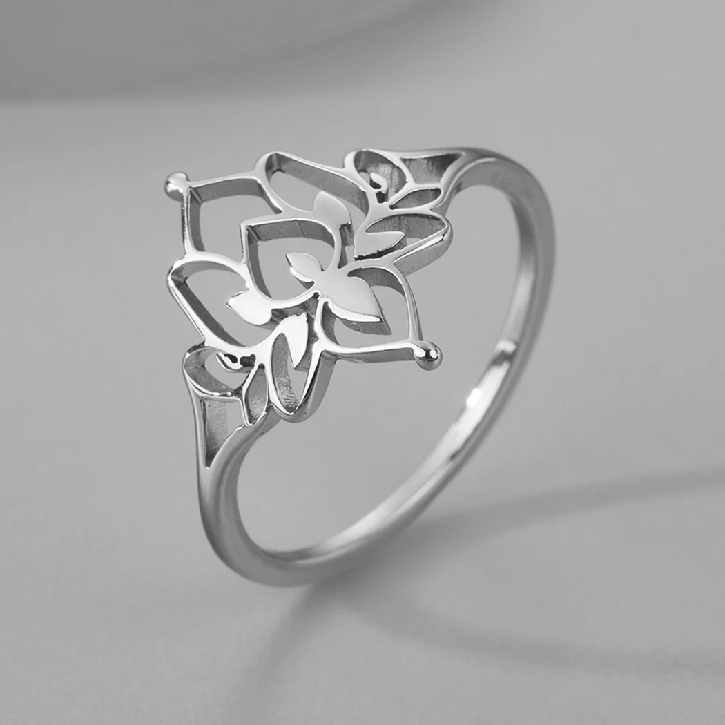 Kinitial 2022 New Simple Handmade Oxide Lotus Ring Exquisite Stainless Steel Ladies Lotus Jewelry Christmas Gift