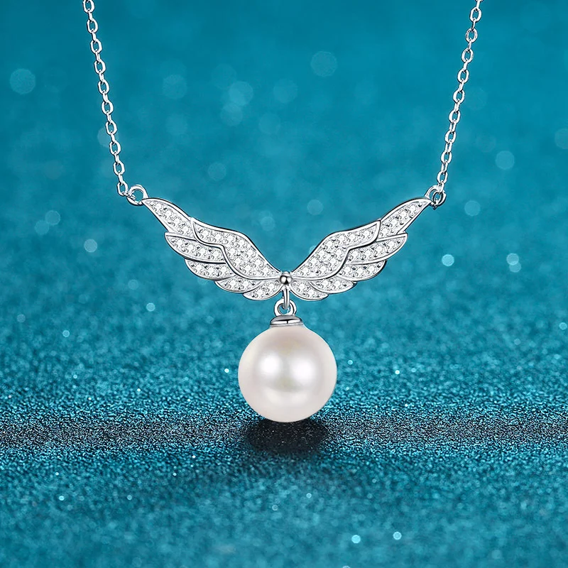 S925 Sterling Silver Collarbone Chain 11mm Flawless Pearl Angel Wings 0.75ct Moissanite Necklace for Women