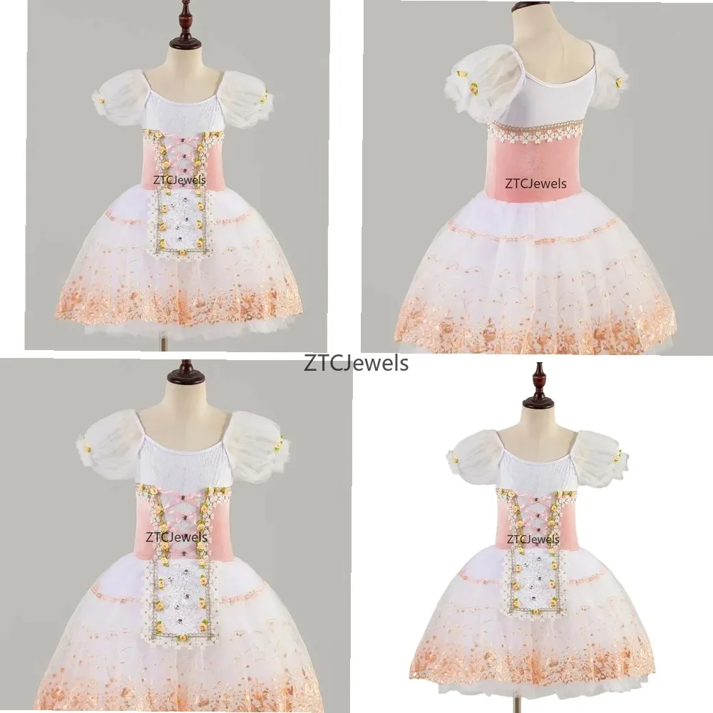 

Girls Ballet Costume Tutu Dress Lace Up Ballerina Cosplay Bubble Skating Dress Velvet Tulle Short Sleeve