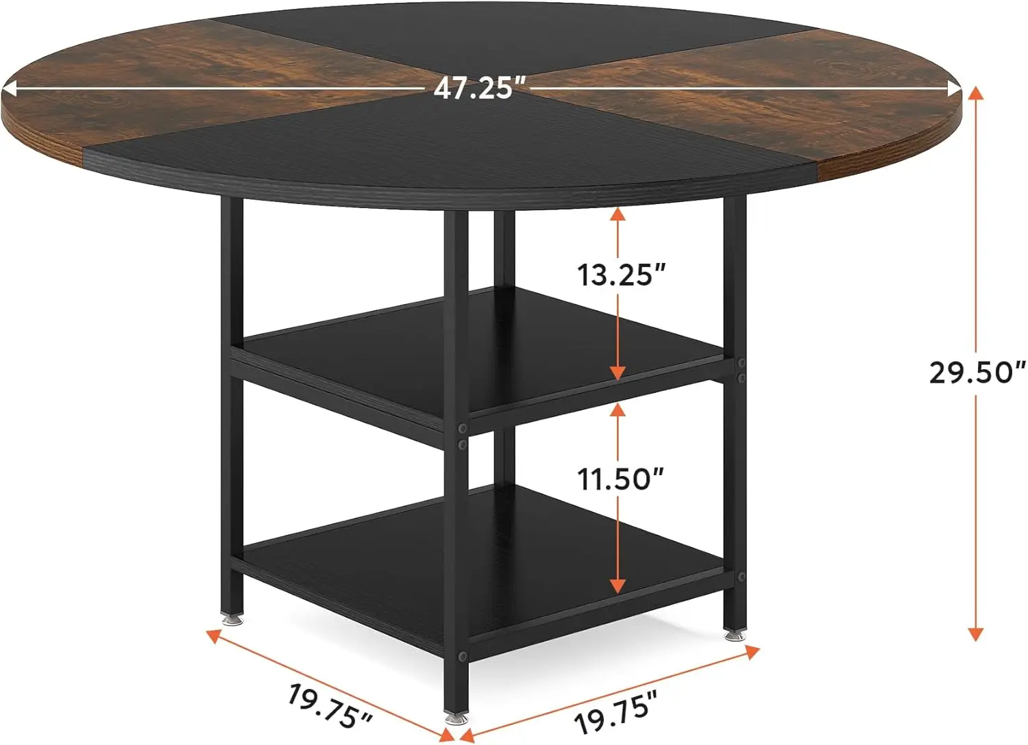 47 inch Round Dining Table for 4,Wood Kitchen Table Large Dinner Table with Storage Shelf Metal Legs for Dining Room(Only Table)