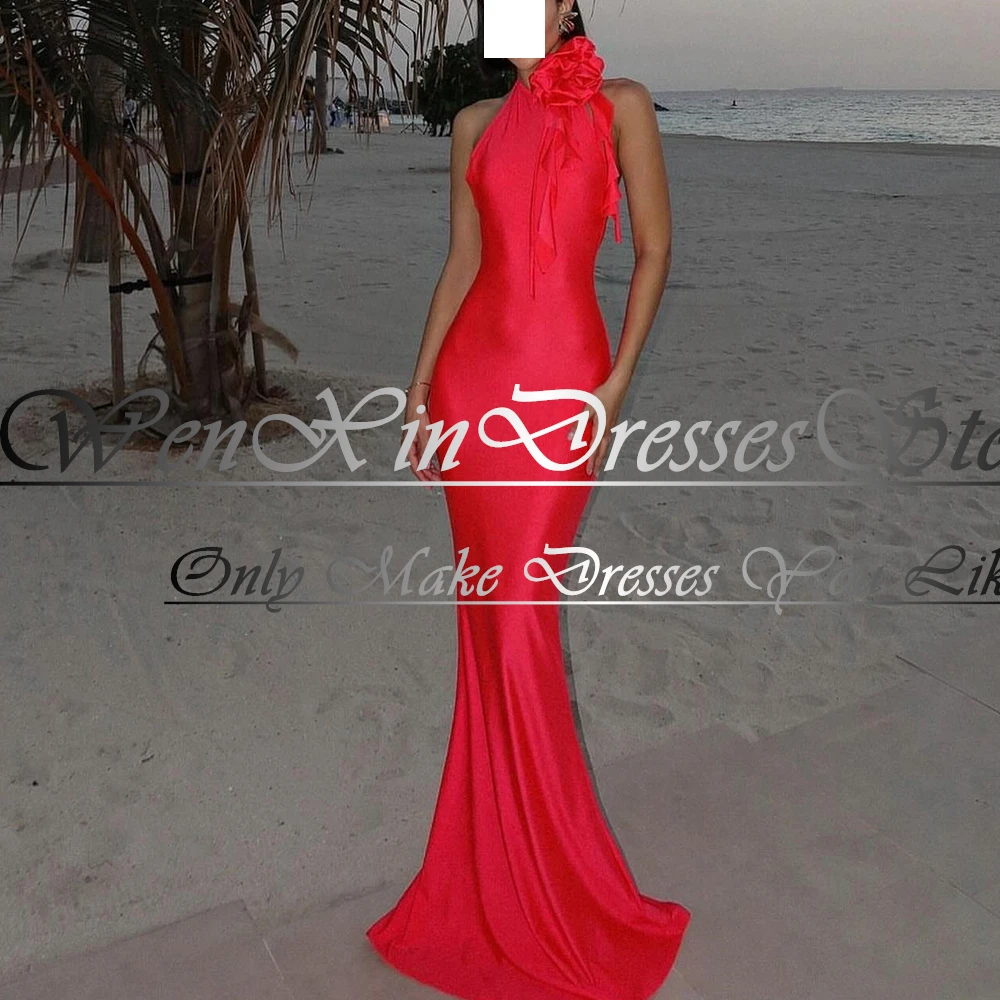 Sexy Halter Sleeveless 3D Flower Solid Color Mermaid Sweep Train Satin Floor Length Wedding Party Gowns Bespoke Occasion Gowns