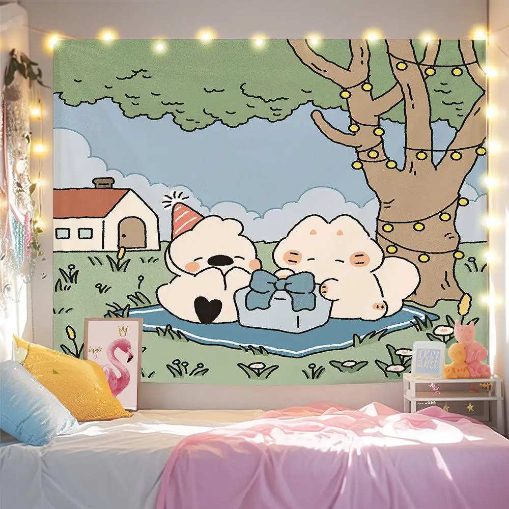 VIKAMA Cute Dog Tapestry Cartoon Wall Hanging Puppy Picnic Party with Gift Box Design for Bedroom Dorm Room Aesthetic Decor