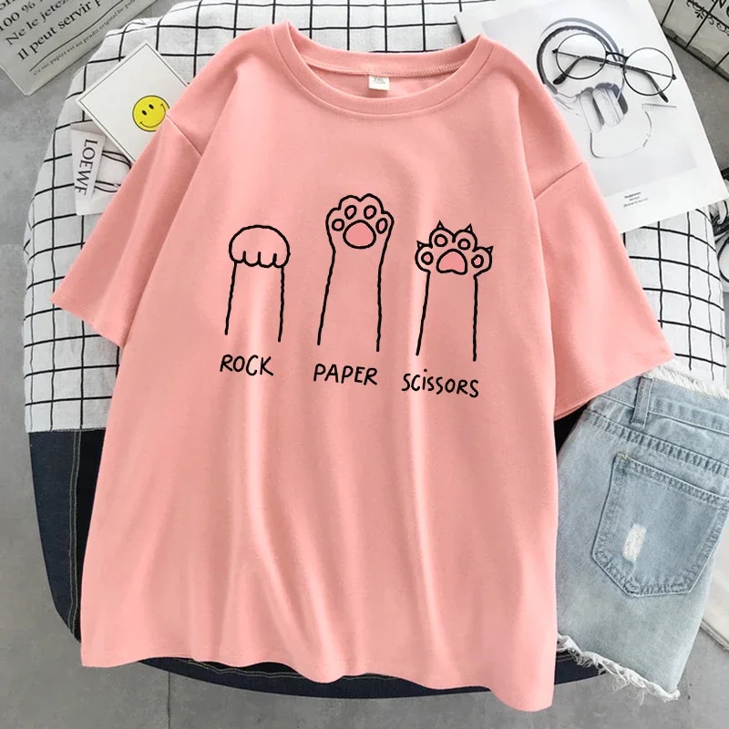 Women Summer Soft Oversized Tops Fashion Casual Short Sleeve Street Cotton Tshirt Rock Paper Scissors Funny Cat Print T Shirt