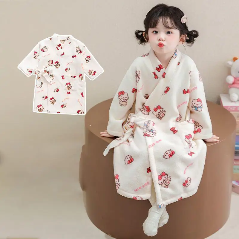 

Горячий халат Sanrio Hello Kitty, детская весенне-осенняя длинная стильная пижама для девочек, каваи, аниме, мультяшная мода, новый стиль, повседневная домашняя одежда