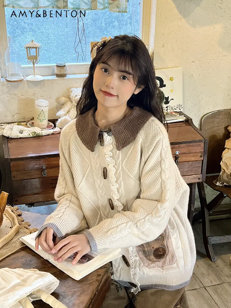 

Spring Autumn Mori Girl Retro Women's Cable Stitch Khaki Brown Splicing Bearing Pocket Lapel Knitting Cardigan Sweater