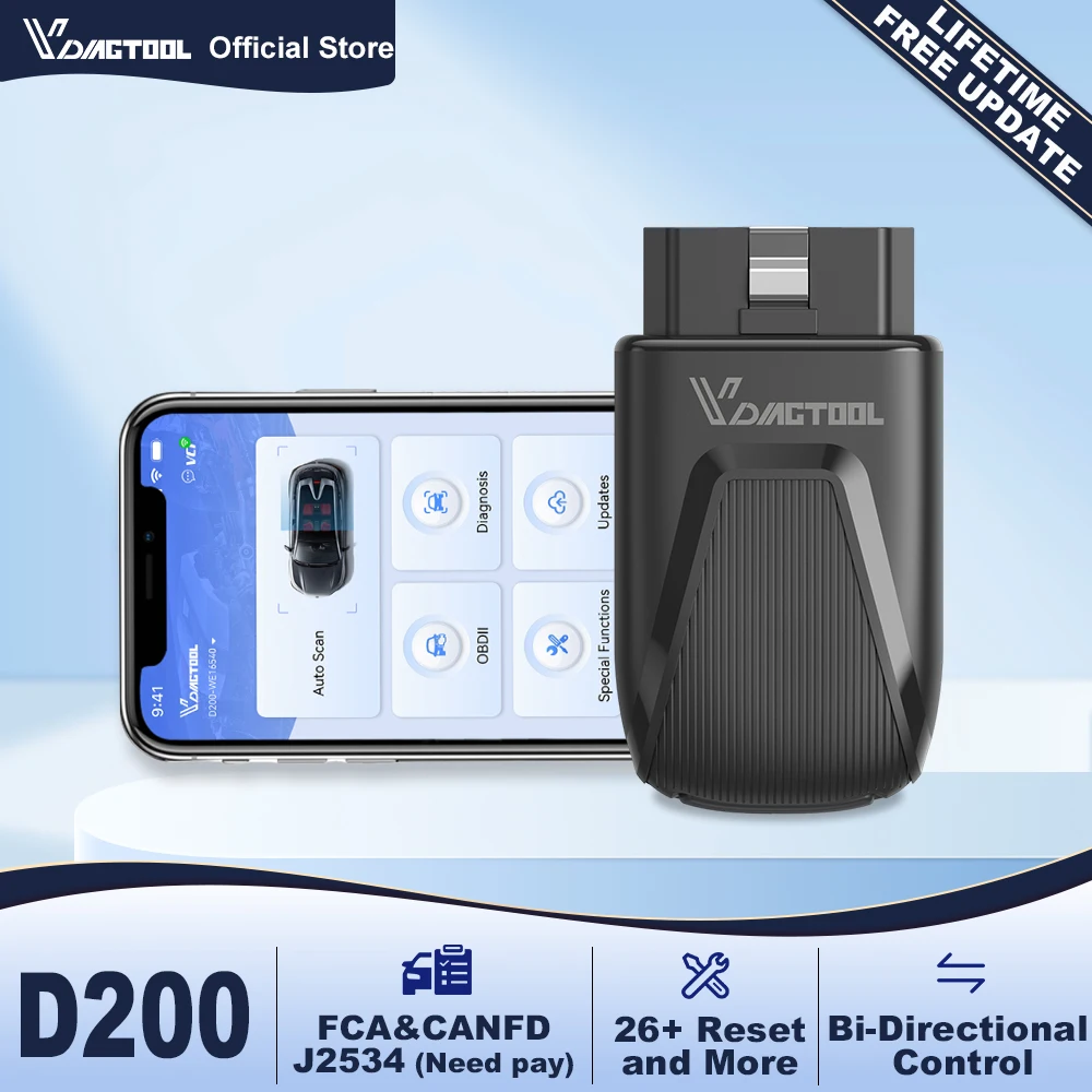 VDIAGTOOL D100 D200 OBD2 Scanner Car Diagnostic Tool Lifetime Free Update CANFD FCA 26+ Reset Auto OBD 2 Scanner PK A30D A30M