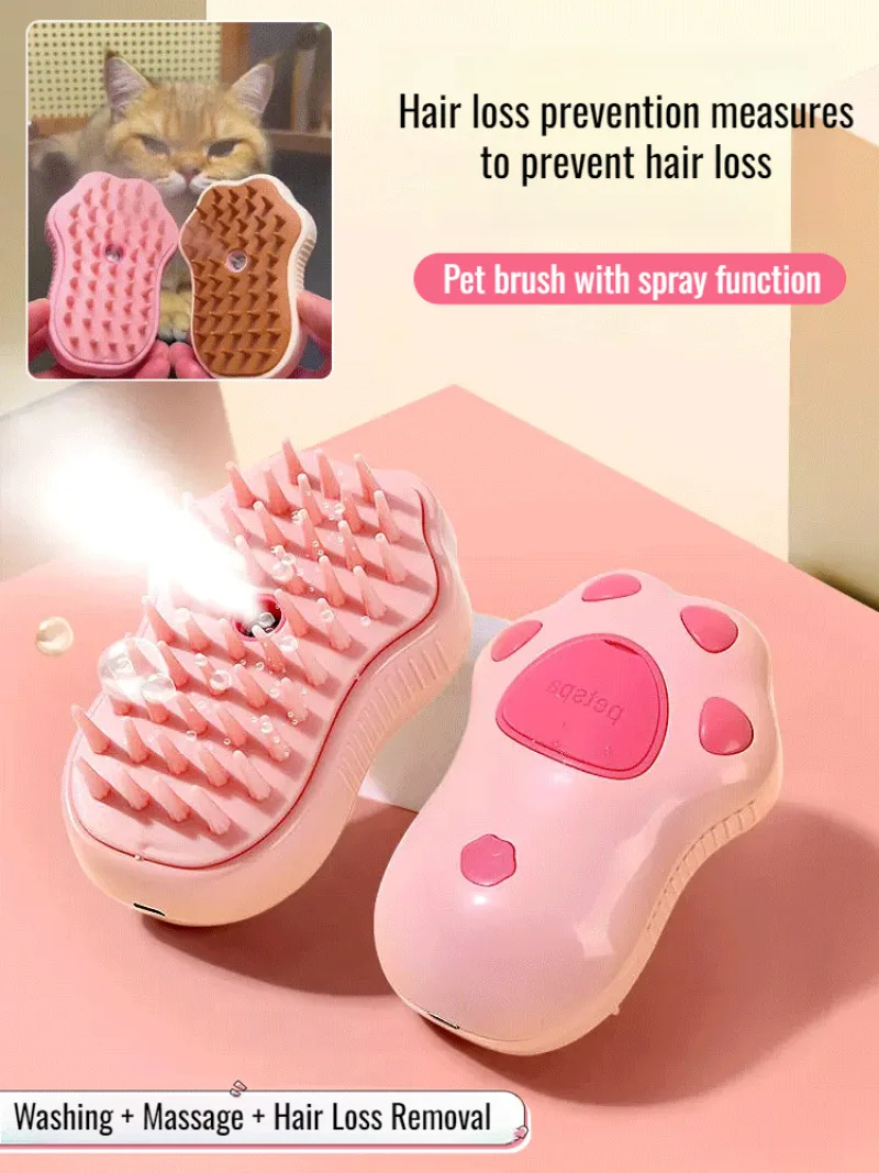 Cross-border pet steam spray comb cat comb cute cat paw shape can add liquid pet cleaning massage bath comb de-mite massage