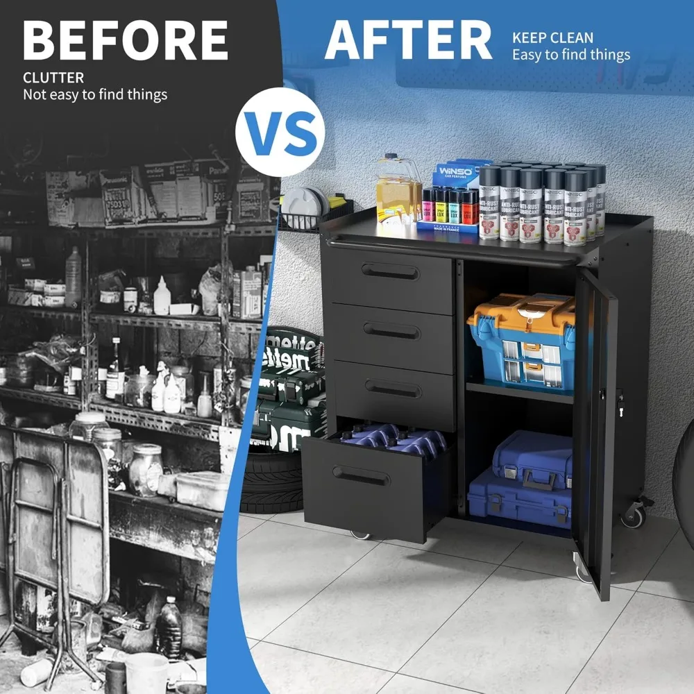 Armadietto portautensili portatile in metallo resistente con 4 cassetti e ampio spazio di archiviazione per garage