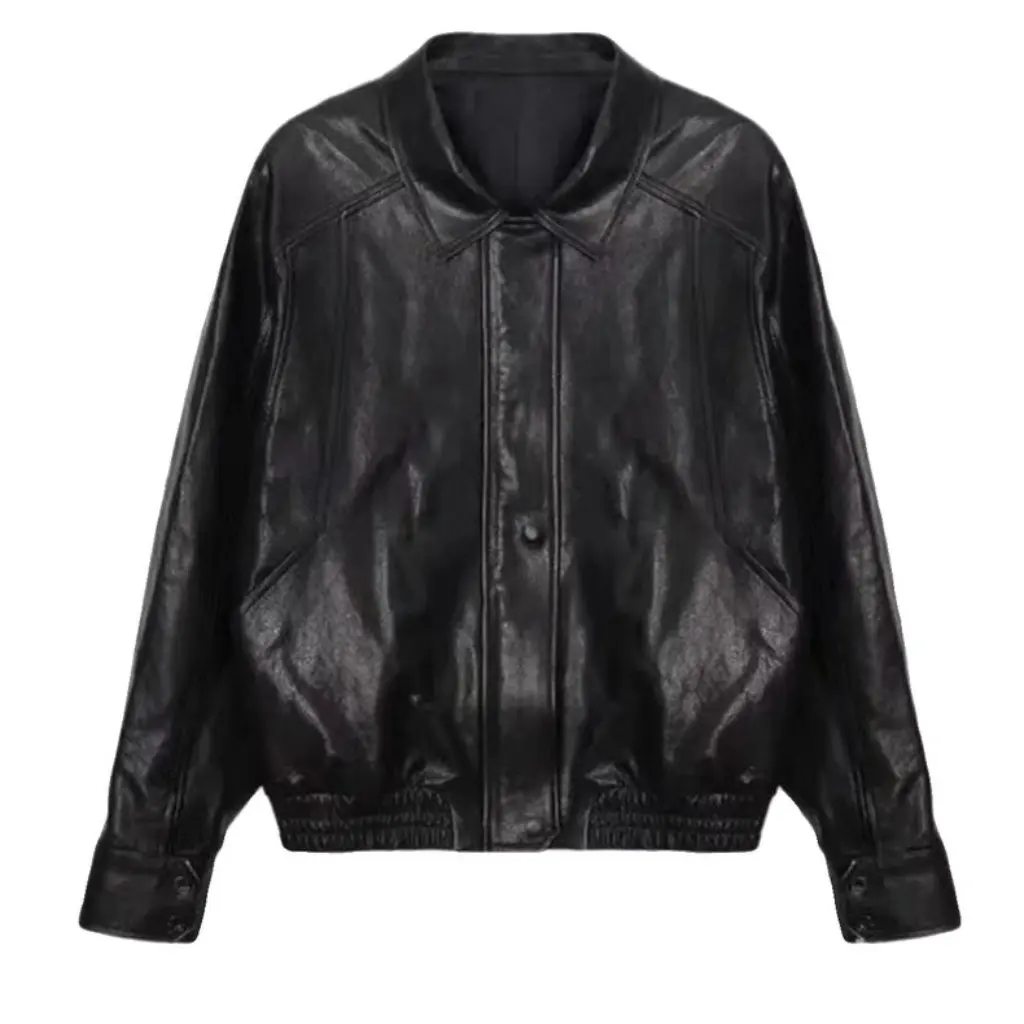 

N*Thing W*itten Women's Leather Jacket Spring New Loose Fit Lapel Single-Breasted Long Sleeves Fashion Outerwear