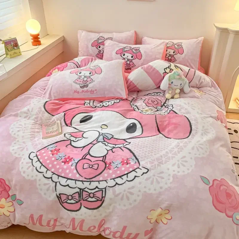 Sanrio Series Kuromi Milk Fleece Four-piece Flannel Hello Kitty Melody Kids Three-piece Quilt Cover Bed Sheet Pillowcase