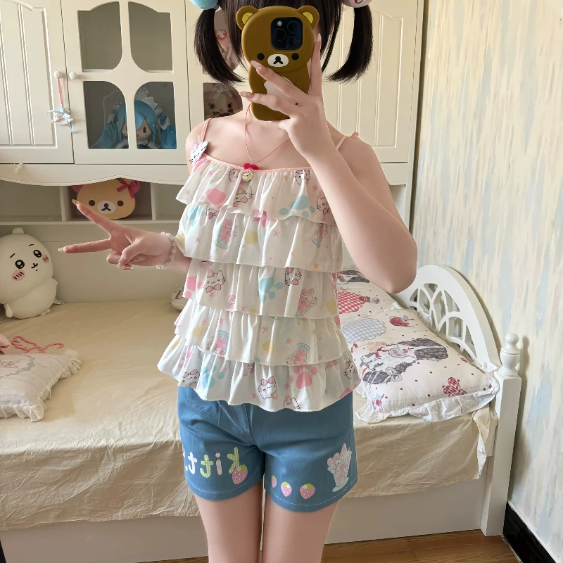 

Y2K Alt Fashion Cute Japanese Style Kitty Sweet Sling Top Shorts Lolita Set