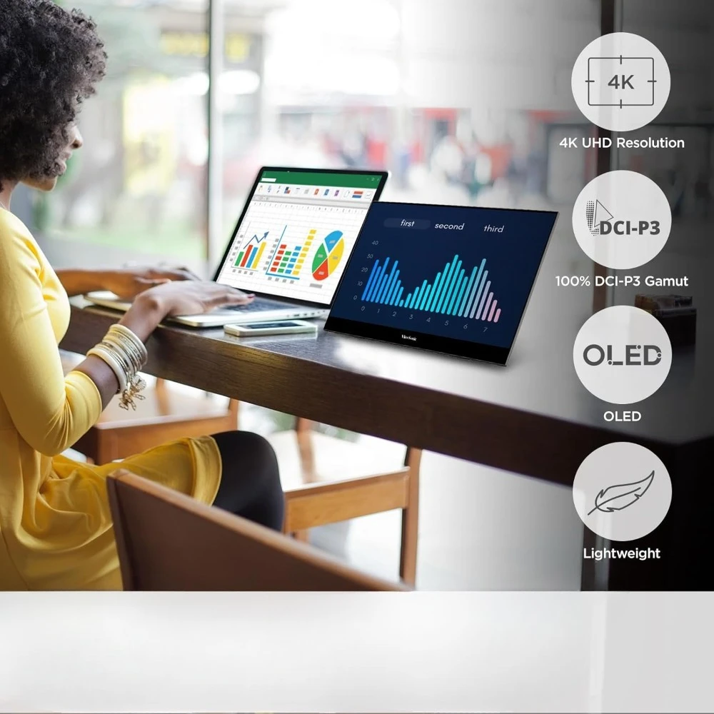 

Портативный OLED-монитор 4K UHD 15,6 дюйма с USB-C, Mini HDMI, встроенными динамиками, подставкой и чехлом