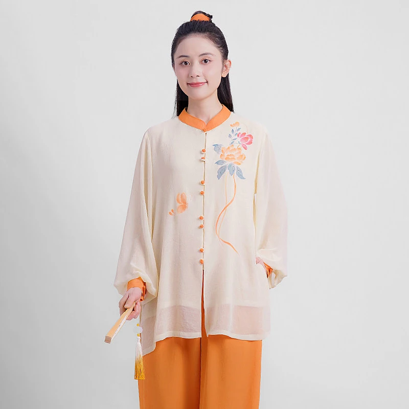New Arrival Summer Tai Chi Uniform - Hand Painted Chiffon Linen Color Block Set for Baduanjin Qigong Practice