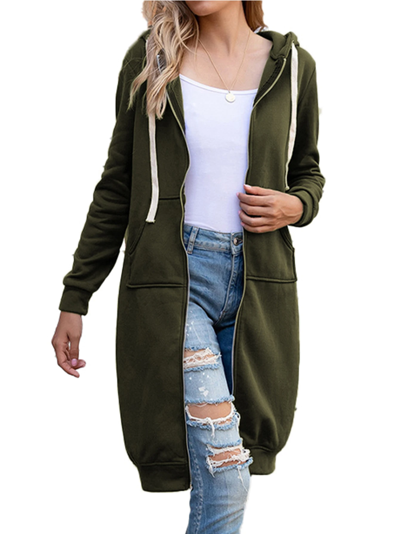 Plus Size Long Hoodies Tunic Fashion Sweatshirts Fleece Knitted Zip Up  Jackets With Pockets For Women