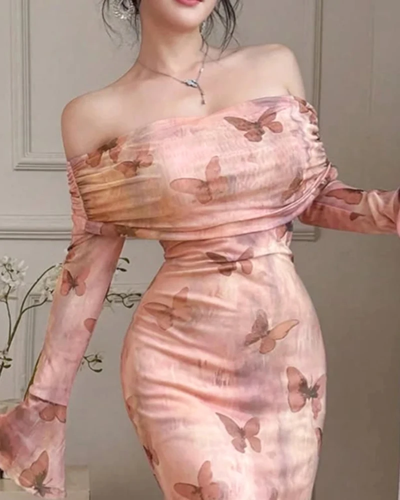 

Butterfly Print Off Shoulder Long Bell Sleeve Midi Dress Sexy Slim Fit Fishtail Dress