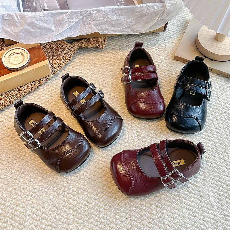 Kids Flat Shoes Double Hook&loop Girls Princess Shoes Soild Color Versatile 2026 Brand New Children Leather Shoes Non-slip