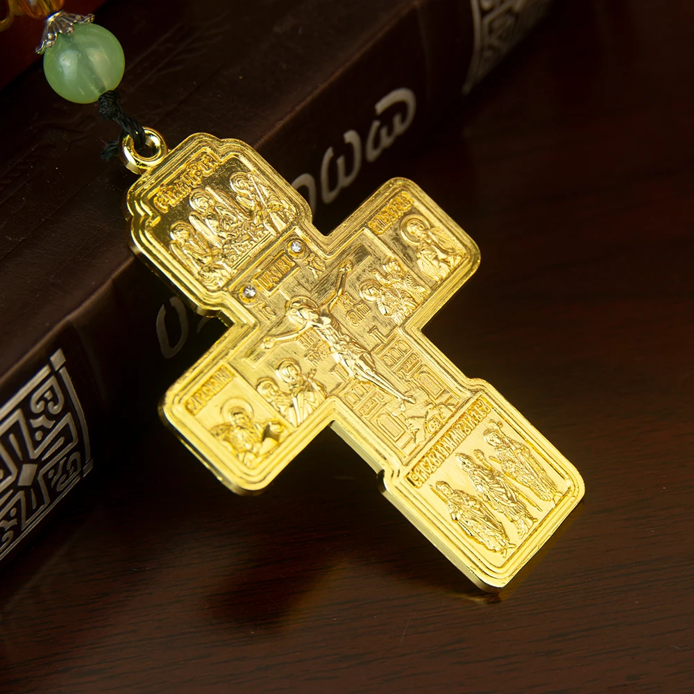 HTISOK Orthodoxe Halskette mit Holzperlenkette, Kruzifix, Goldener Holzrosenkranz, Perlenkette, religiöser Jesus-Gebetsschmuck – Detail 8
