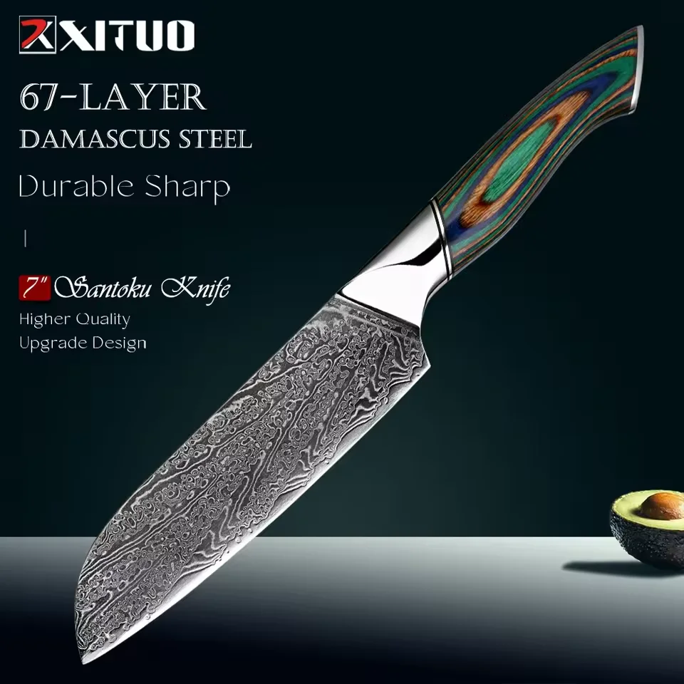 

7 Inch Santoku Knife Damascus Steel Sharp Japanese Kitchen Vegetable Knife for Chopping, & Mincing, Green Colored Wooden Handle