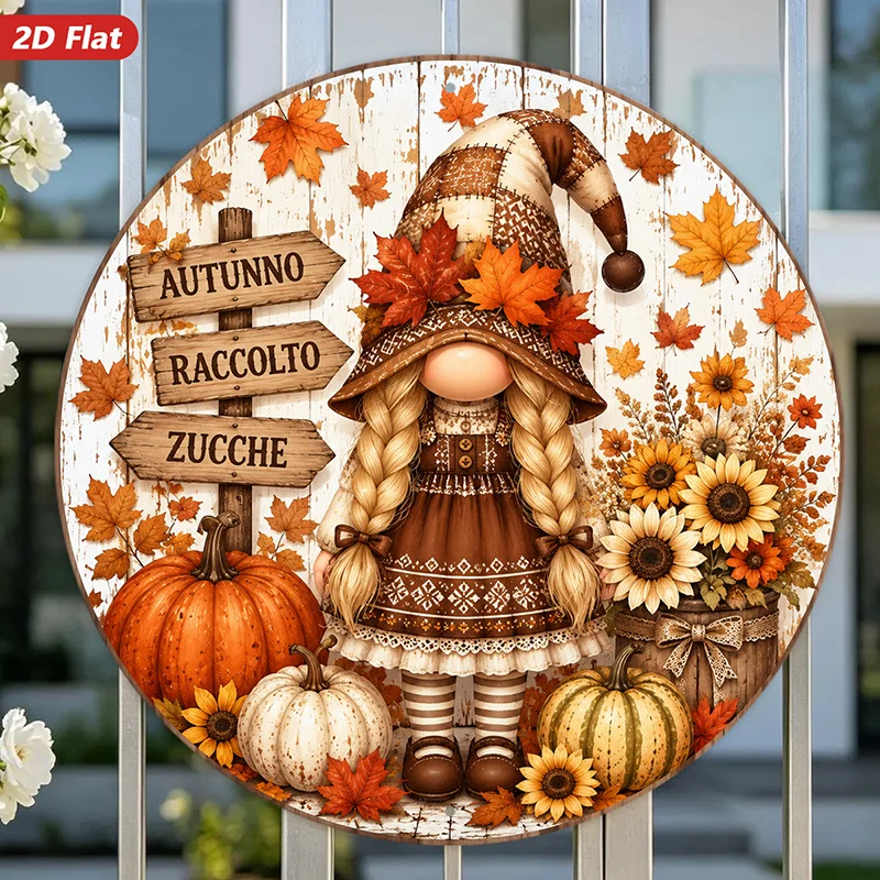 2D Flat, 2D Flat Wooden Sign, 1pc, Autumn Harvest Gnome Round Wall Plaque, Gnome Braids, Sunflower Basket, Home Decor, Warm Eart
