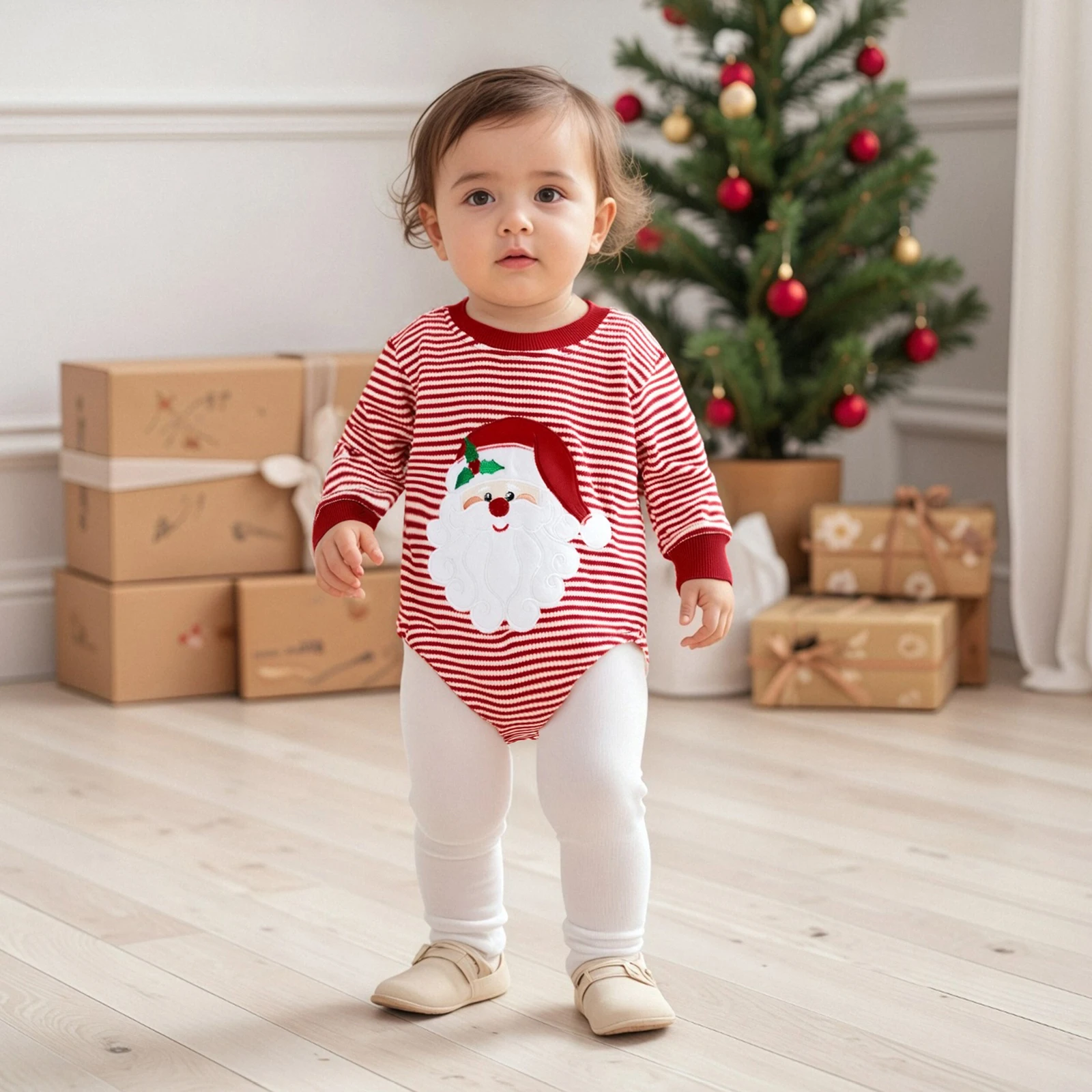 2026 السنة الجديدة الشتاء الطفل مخطط رومبير المألوف عيد الميلاد سانتا شجرة عيد الميلاد التطريز جولة الرقبة طويلة الأكمام بذلة #5