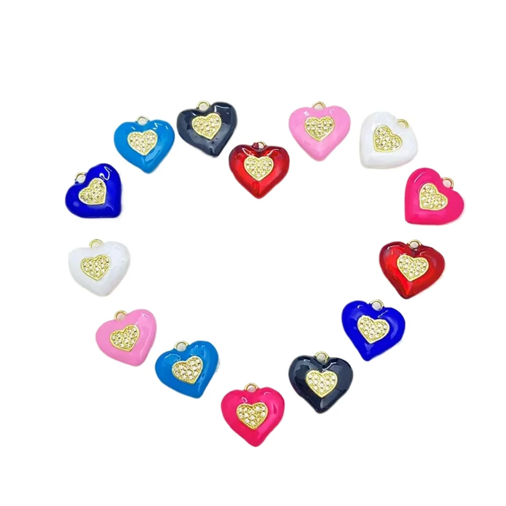 

3 Pcs Brass Plated Multi Color Enamel Love Heart Pendant Diy Necklace Bracelet Jewelry Making Micro Set Zircon Charm for Women