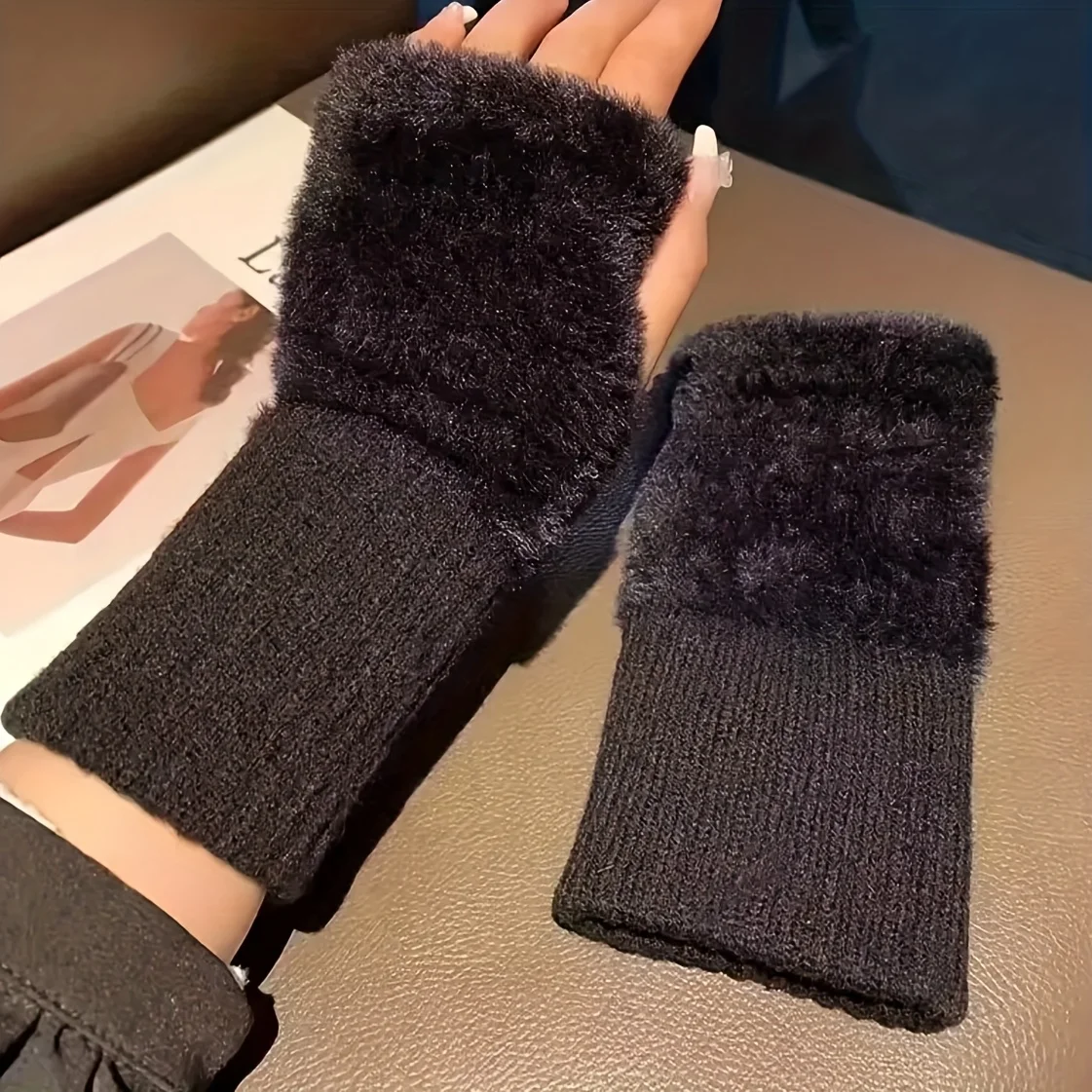 Warme Halbfinger-Plüschhandschuhe Winter Damen Fingerloser Handschuh Mode Gestrickte Halbfingerhandschuhe Touchscreen Offener Fingerhandschuh