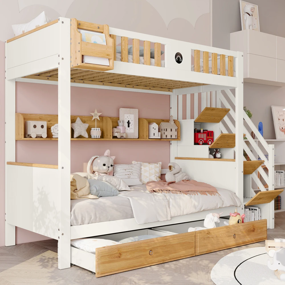 PINGGO Weißes Naturholz-Etagenbett 90x200cm mit Stauraum-Treppe, 4 Schränken, 2 Schubladen, offenem Regal, Fallschirmgitter, Kiefer+MDF, ohne Matratze – Detail 6