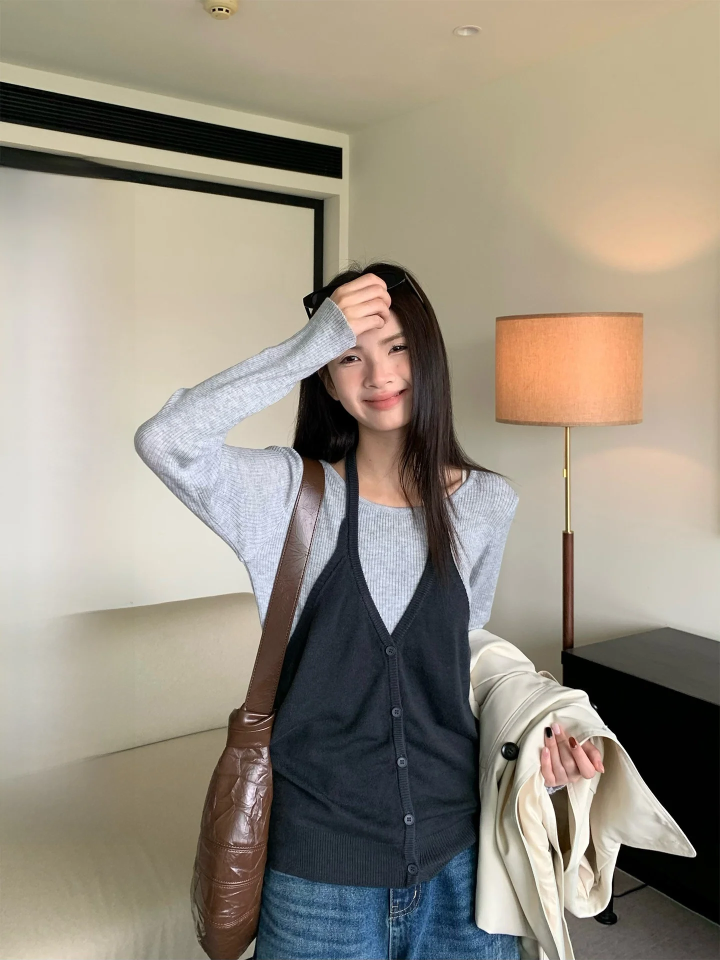 

Spring Set Shiny Gray Long Sleeve Knitted Slim Fit T-Shirt Women's Two-Piece Set Casual Style round Neckline Polyester Blend