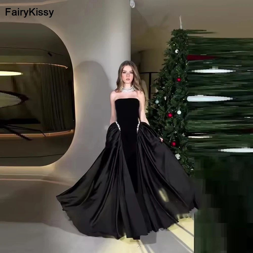 

FairyKissy Luxury Long Black Evening Dresses Sleeveless A-Line Prom Dresses Pearls Beads Prom Gowns Formal Party Dresses