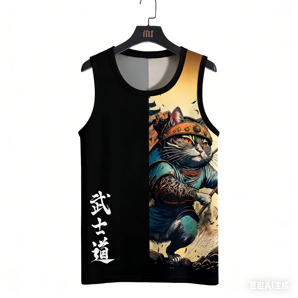 

Funny Samurai Cat Pattern Men's Tank Tops Casual O-neck Sleeveless Shirt Hip Hop Trend Gym T-shirts Fashion Breathable Male Vest