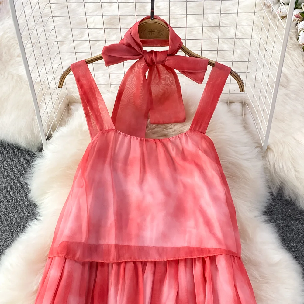 Holiday Boho Dress Seaside Beach Super Fairy Women Ruffles bretella Dress Girls Loose Pink Long pieghettato Holiday photo Dresses