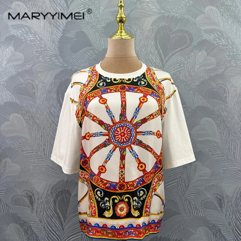 MARYYIMEI Summer new round-neck silk loose white T-shirt 2026