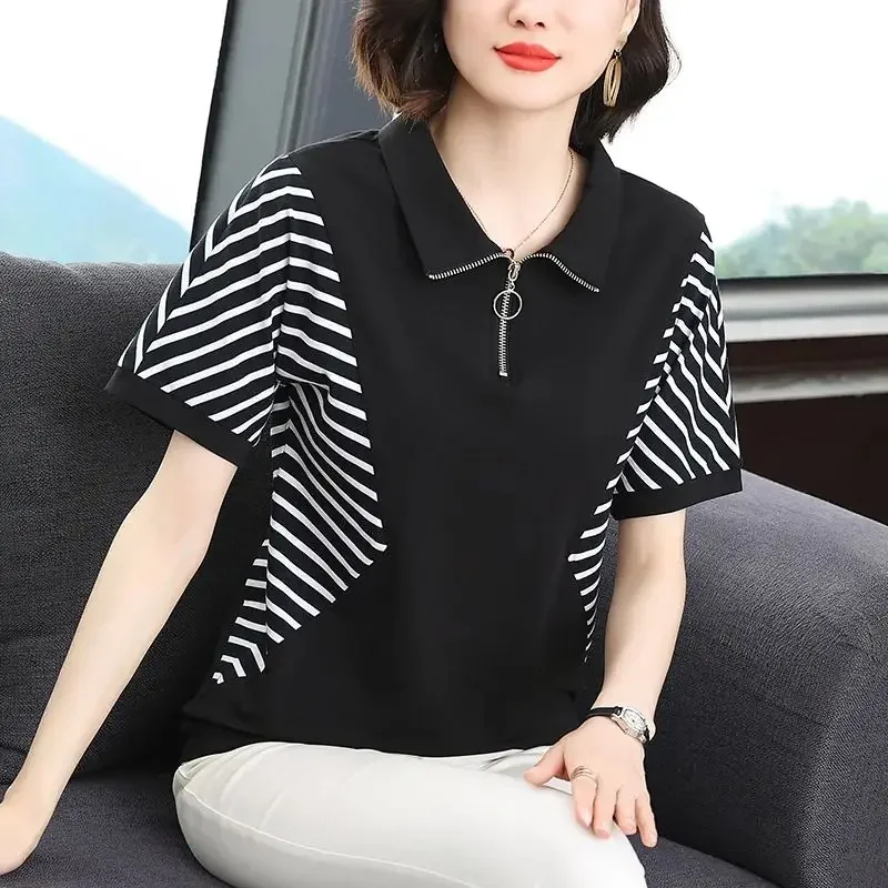

Summer New Cotton Short Sleeved T-shirt Women's Panelled Stripe Lapel Zipper Loose Versatile Korean Fashion Simple Polo Neck Top