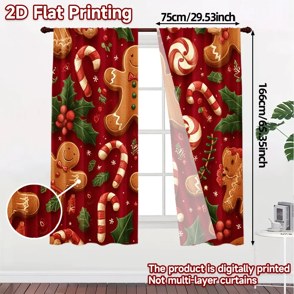 2D Flat Printing,JIT 2pcs, Curtains (Without Rod) Gingerbread Cheer Fashionable Modern Curtains Prints Light Filtering Curtains