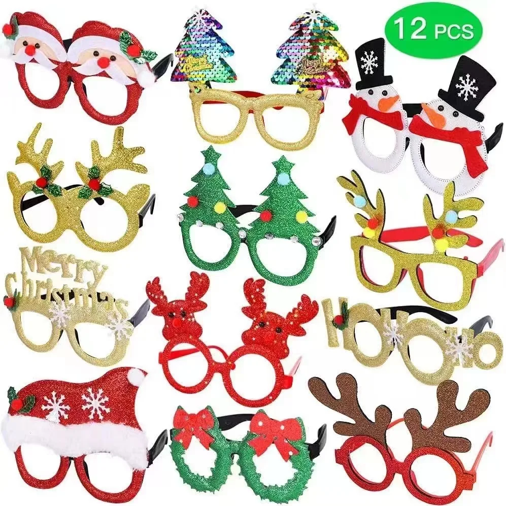 

12 Pcs Christmas Party Decorations Xmas Paper Glasses Frame Party Eyeglasses Booth Photo Props Accessories Funny Eyewear Favors