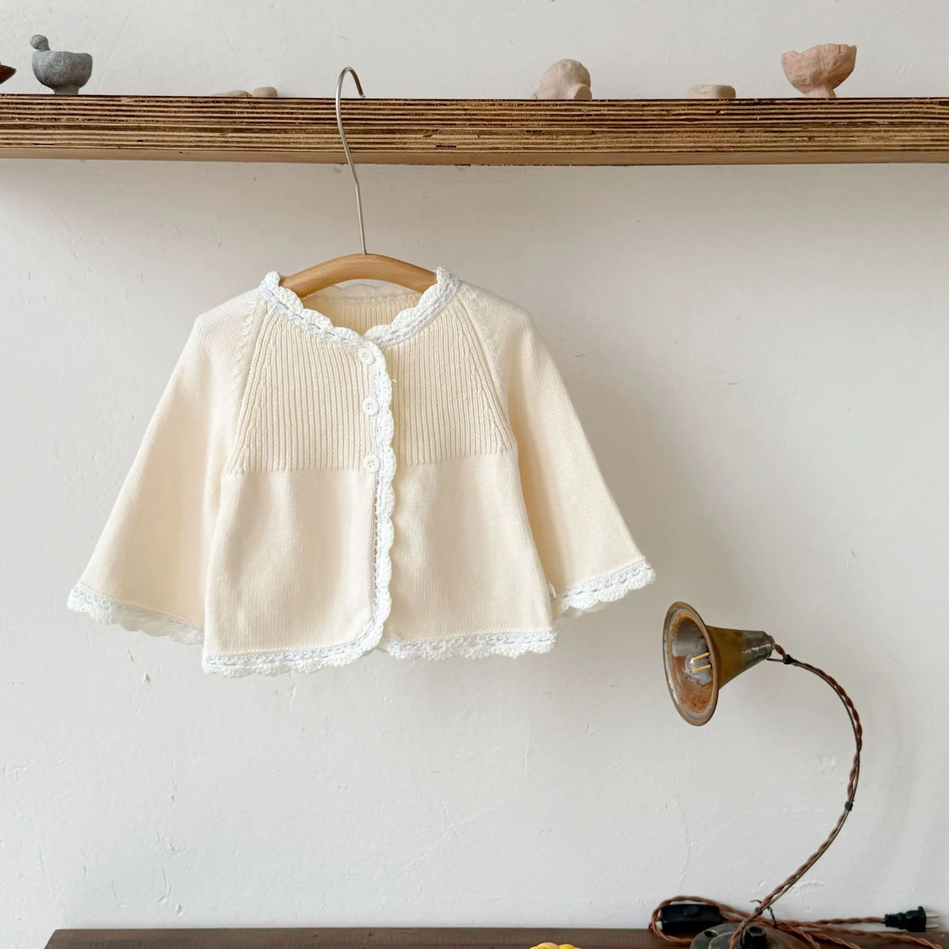 New Autumn/Winter Children's Girls' Pure Cotton Knit Sweater Crochet Trim Cardigan Loose Long Sleeve Coat