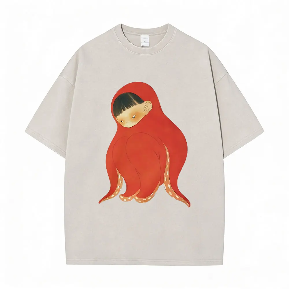 

Washed Vintage Yoshitomo Nara Cosplay Octopus T-shirt Men Women Fashion Casual Funny T Shirts Men's Cotton Oversized T-shirts