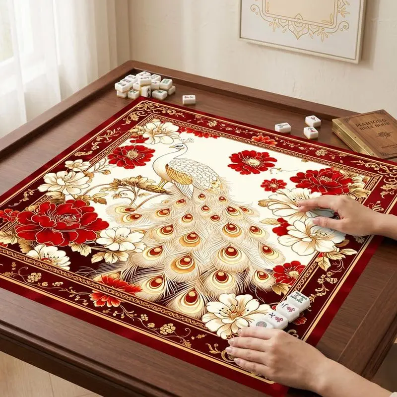 VIKAMA Red Peacock Floral Mahjong Mat Soft Shock Absorb Pad Family Party American Mahjong Poker Table Cover