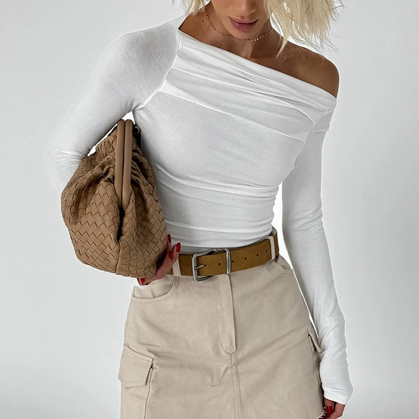 

Simple Diagonal Neck Off-the-shoulder White Knitted T-shirt Women's 2026 Spring Temperament Inner Bottoming Shirt Short Top