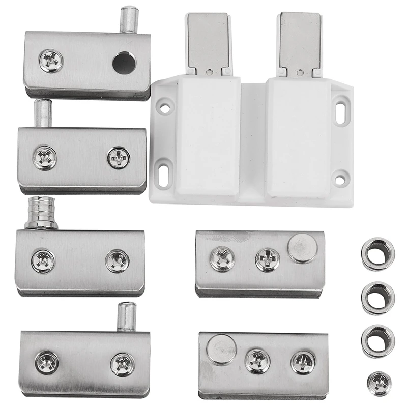 5X Stainless Steel Glass Door Pivot Hinge Double Head Magnetic Catch Set For 5-8Mm Glass Door