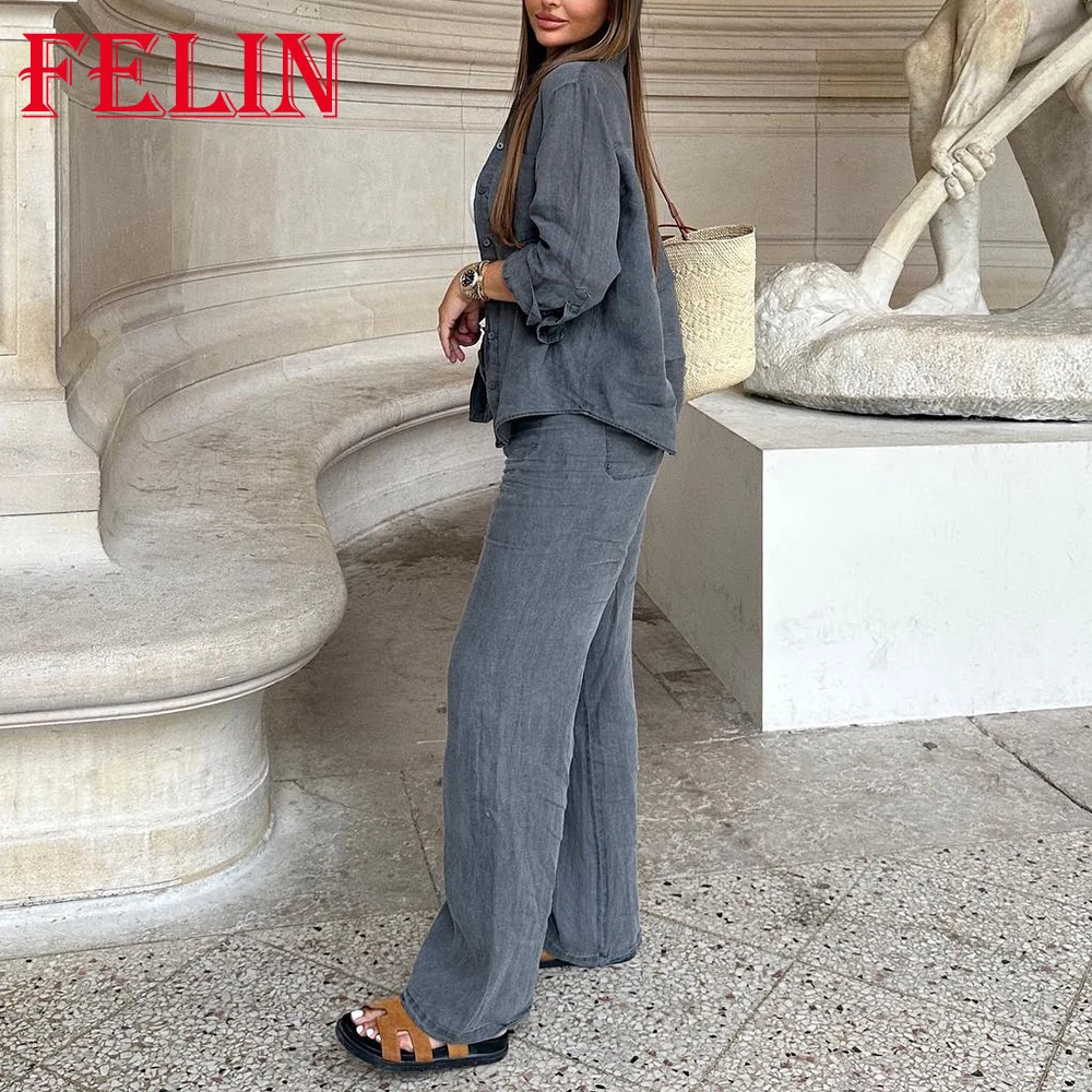 TRAFZA 2024 Women Casual Solid Gray Women Suit Loose Single Breasted Pocket Shirts+Zipper Long Leg Pants Vintage Women Sets