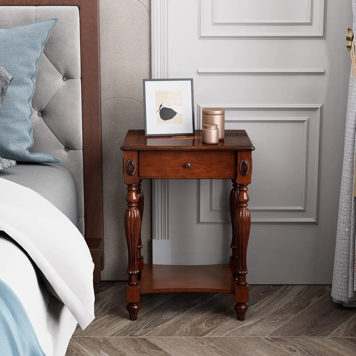 Wooden Side Table with Drawer & Shelf, 19.7